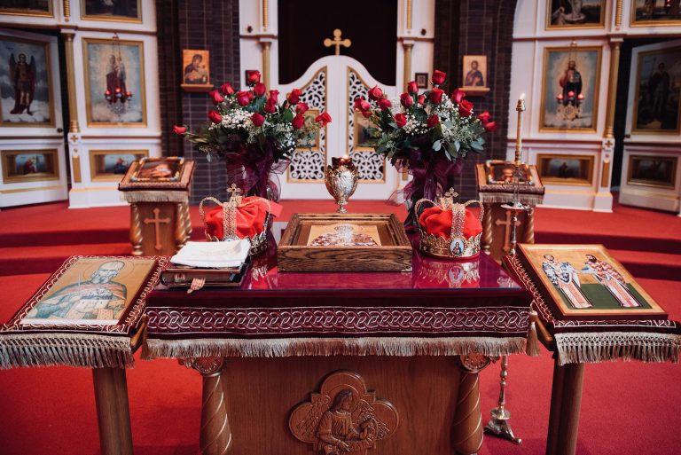 Altar table prepared for an Eastern Orthodox wedding ceremony.