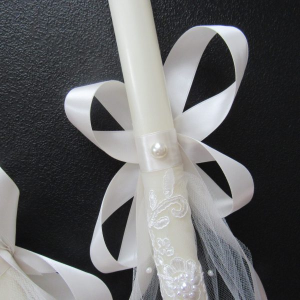 Closeup of the front of the Precious Pearl Orthodox wedding candle
