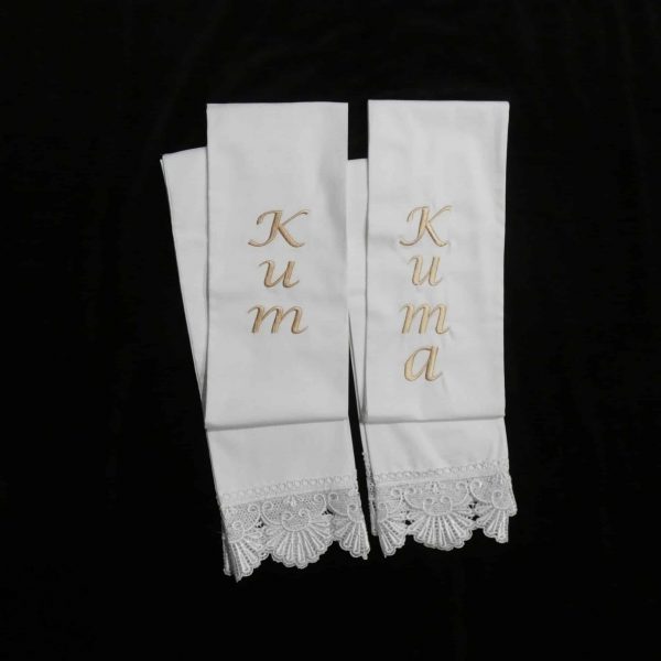 Kum and Kuma Serbian wedding sashes made of white fabric.