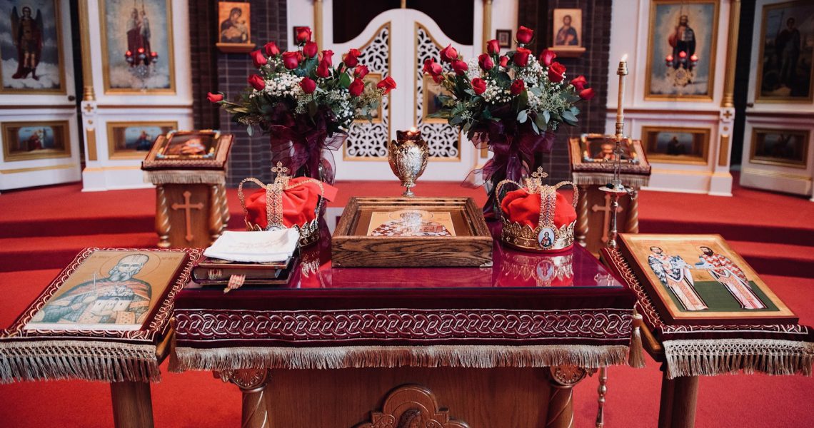 Altar table prepared for an Eastern Orthodox wedding ceremony.